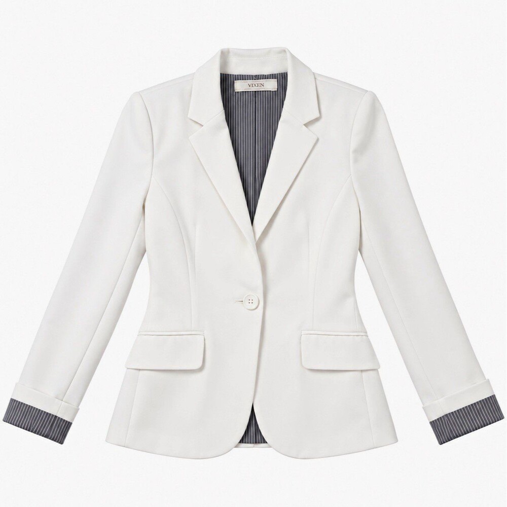 Vixen Women’s White Twill Blazer Jacket M Polyester Single Button Pockets